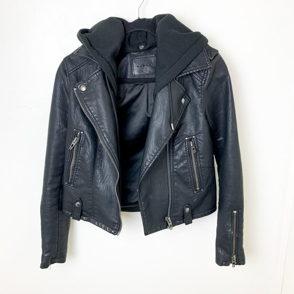 Blank NYC NEO Black Vegan Leather Zip Moto Jacket removable knit hood XS - Picture 3 of 14